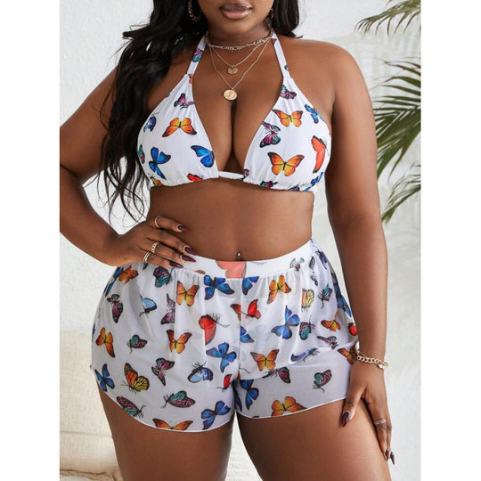 Damen Bikiniset mit modischen Shorts und buntem Schmetterlingsdesign R&B