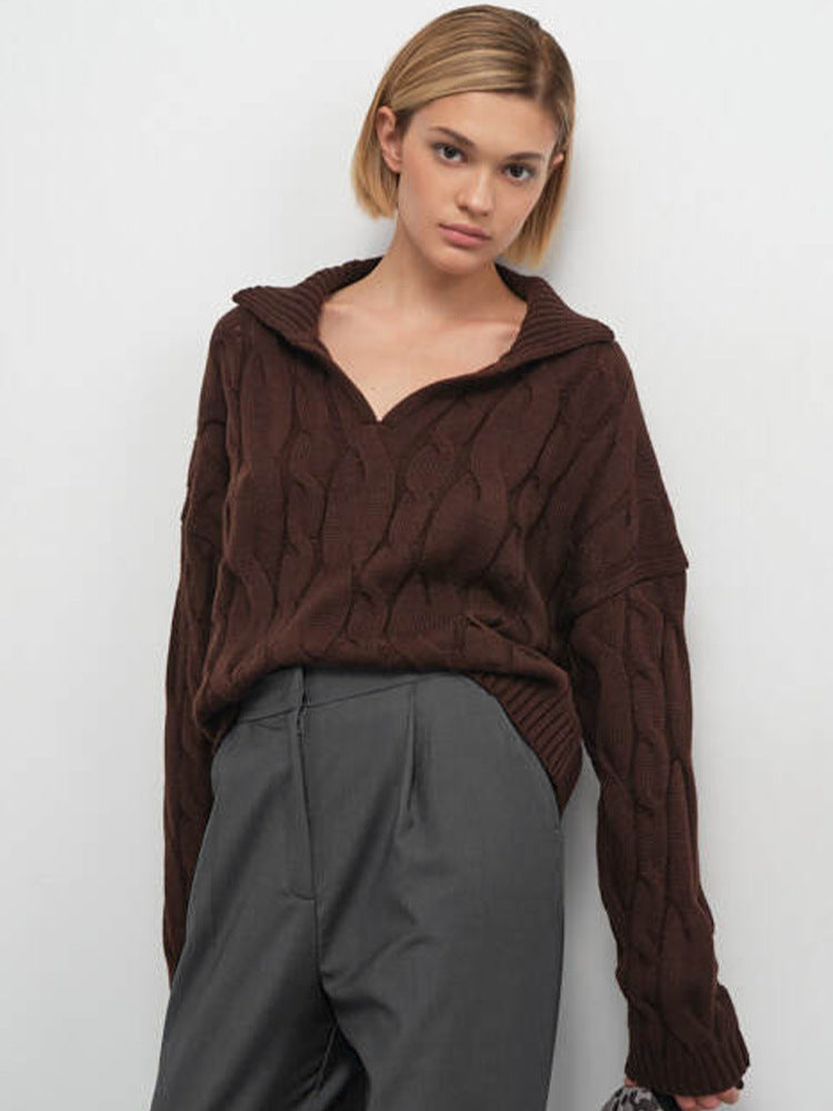 Damen Hoher Kragen Strickpullover mit Zopfmuster R&B