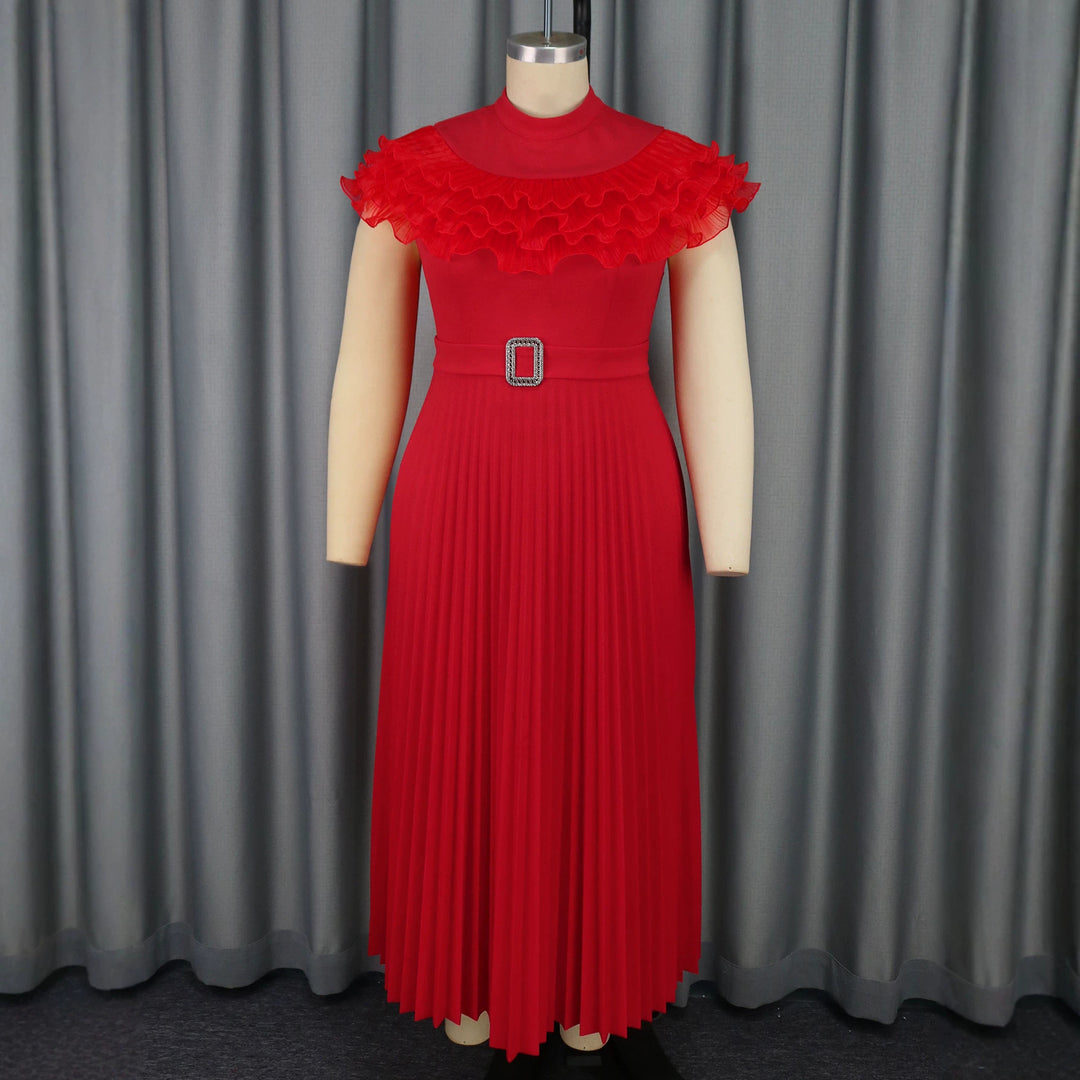 Damen plissiertes Abendkleid mit Volant-Ausschnitt und Taillengürtel R&B