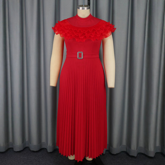 Damen plissiertes Abendkleid mit Volant-Ausschnitt und Taillengürtel R&B