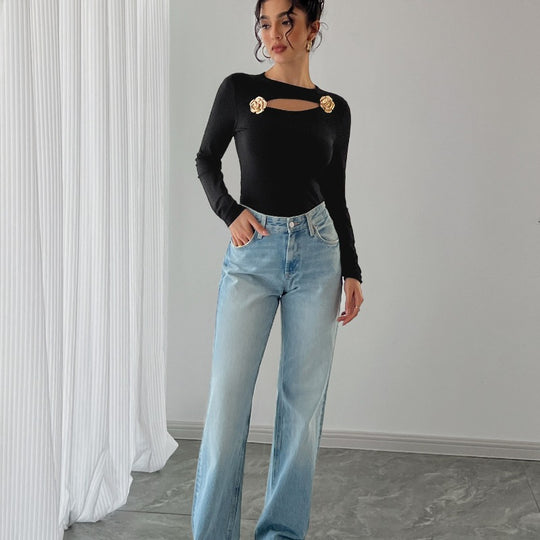 Damen Elegantes Langarm-Bodysuit mit dekorativen Blumenakzenten R&B