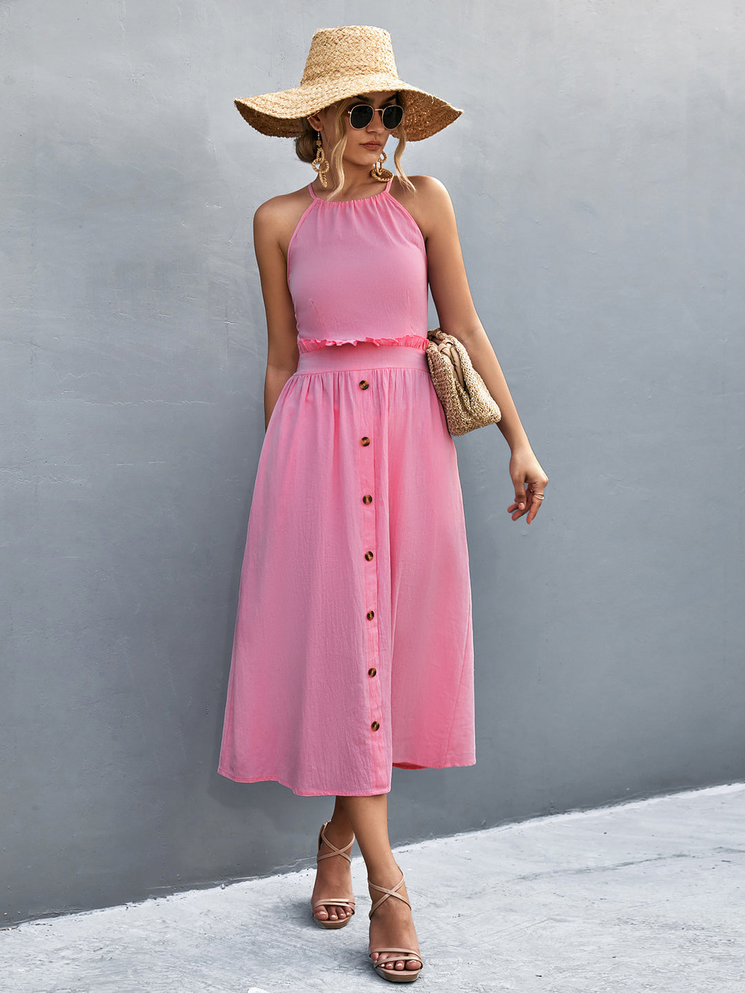 Damen Maxikleid mit hohen Trägern, elastischem Bund und dekorativen Knöpfen R&B