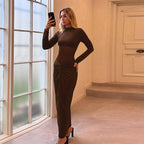 Damen Elegantes Maxikleid mit langärmligem, figurformendem Design und dezentem Rüschendetail EB