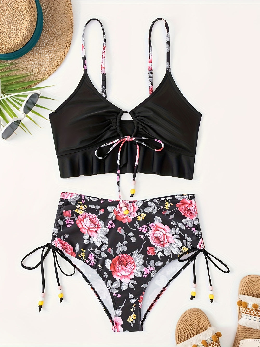 Damen Bikini-Set mit verspieltem Blumenmuster und seitlichem Bindeband R&B
