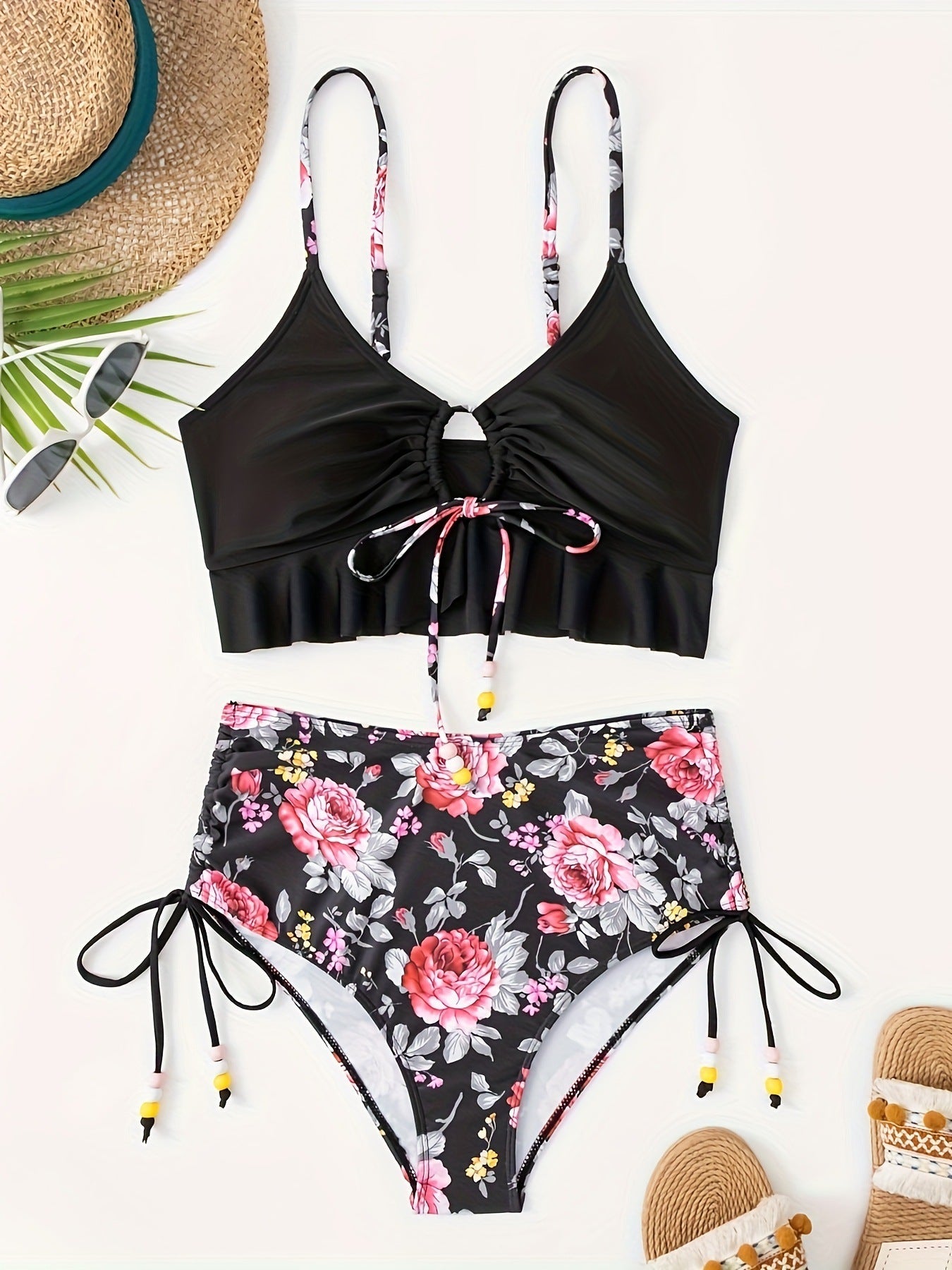 Damen Bikini-Set mit verspieltem Blumenmuster und seitlichem BindR&Band R&B