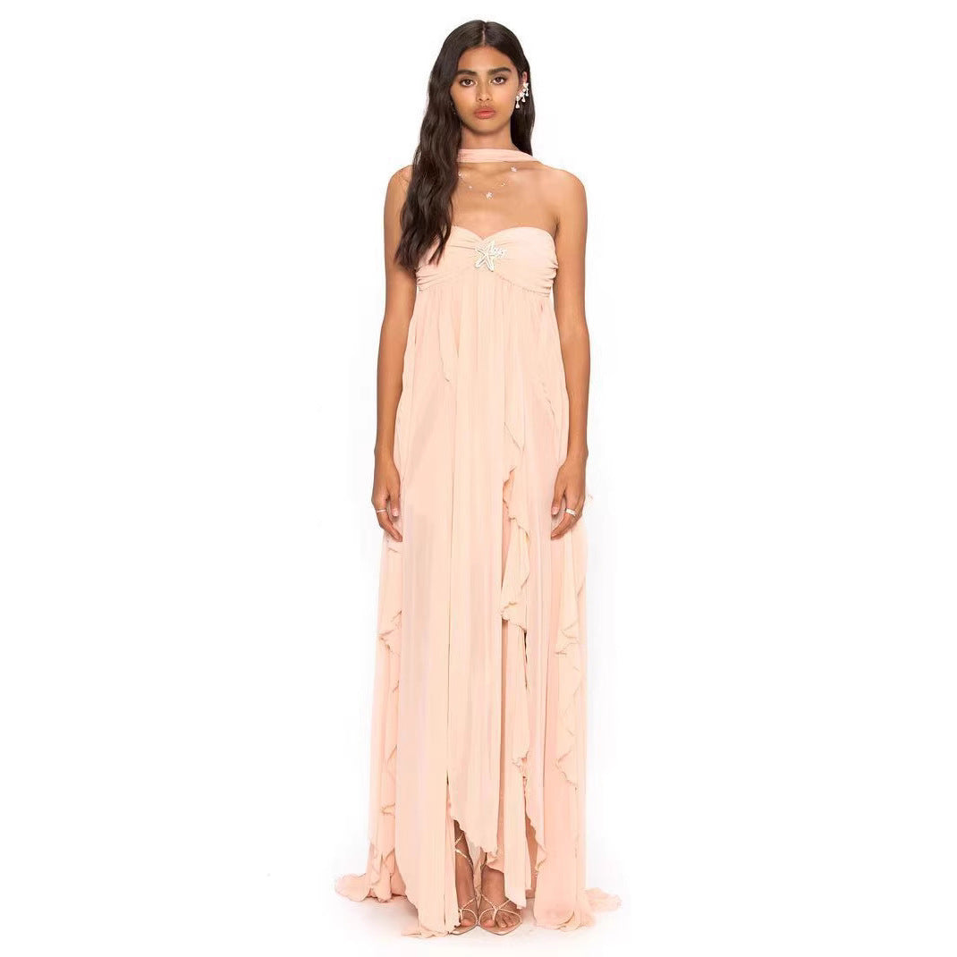 Damen Elegantes Maxi-Kleid mit asymmetrischem Saum und zarten Rüschendetails R&B