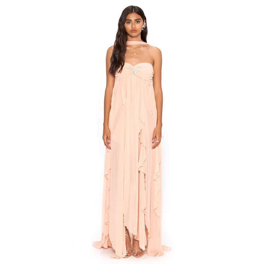 Damen Elegantes Maxi-Kleid mit asymmetrischem Saum und zarten Rüschendetails R&B