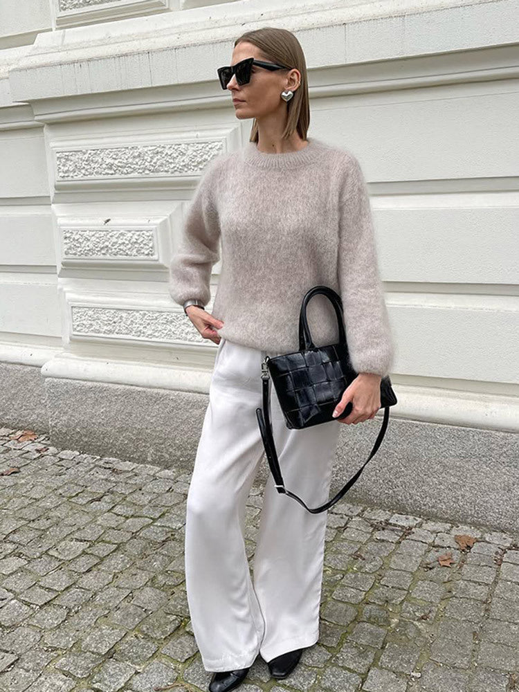 Damen lässiger Strickpullover mit voluminösen Ärmeln und hochwertiger Mohair-Optik R&B