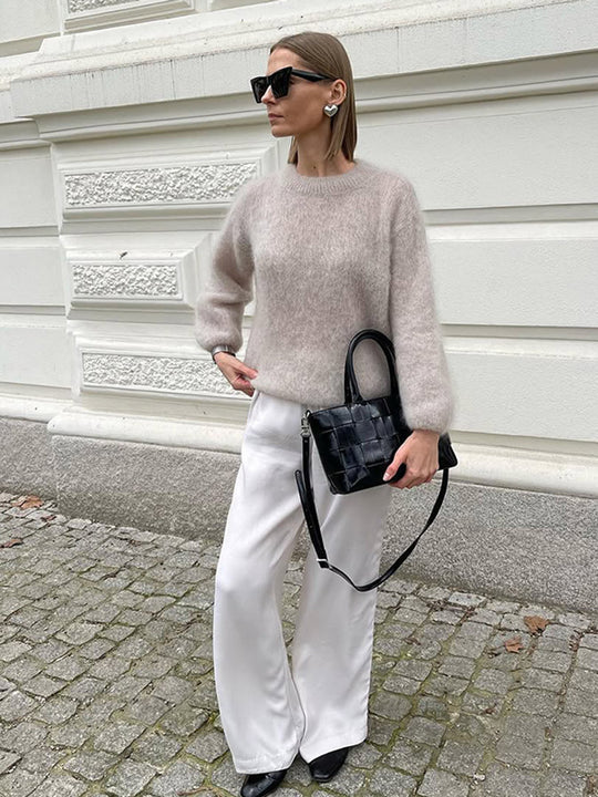 Damen lässiger Strickpullover mit voluminösen Ärmeln und hochwertiger Mohair-Optik R&B