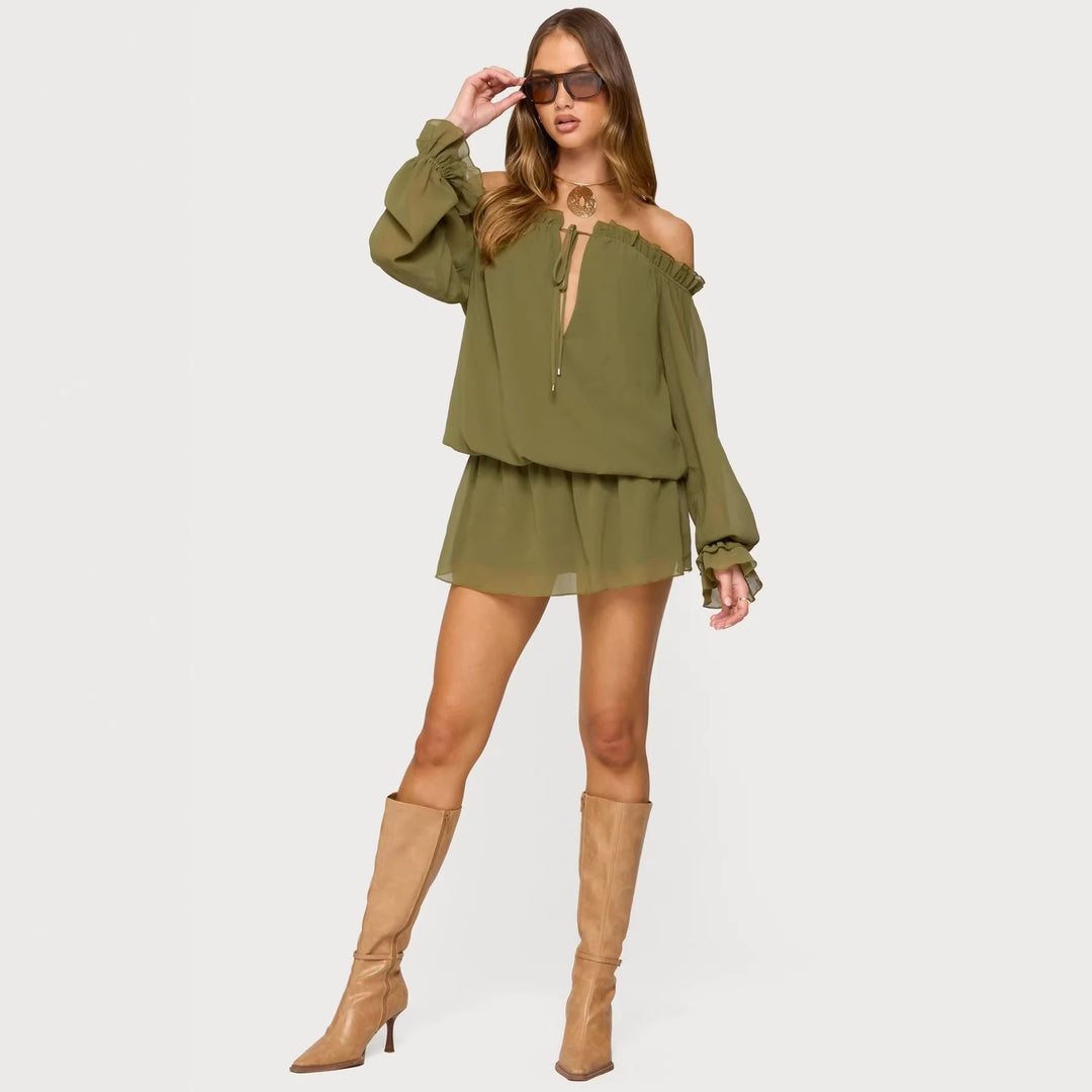 Damen Off-Shoulder Kleid mit voluminösen Puffärmeln und Rüschensaum R&B