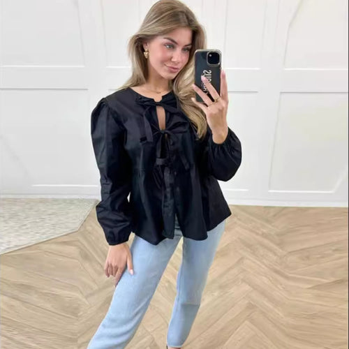 Damen elegante Bluse mit Rüschendetails und Bindeband R&B