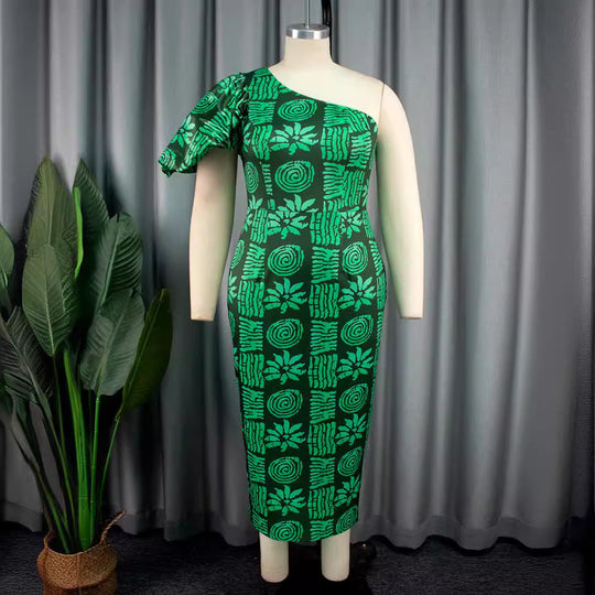 Damen asymmetrisches Maxi-Kleid mit einzigartigem Muster und voluminösem Puffärmel R&B
