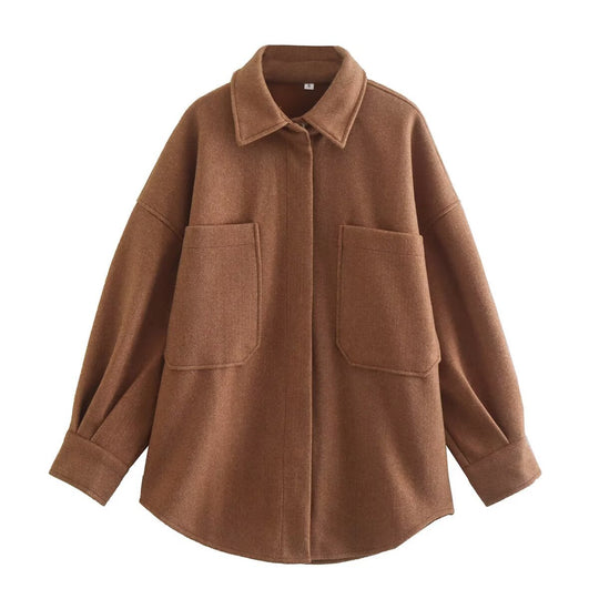 Damen Oversized Hemdjacke aus hochwertigem Wollmix mit praktischen Taschen R&B