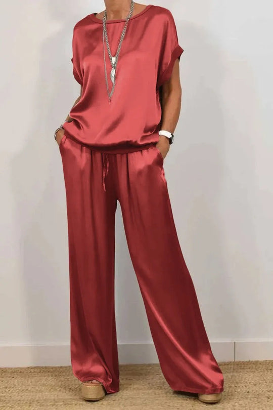 Damen Elegantes Satin Lounge-Set mit weitem Schnitt und lässigem Oberteil R&B