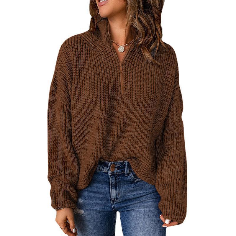 Damen Grobstrickpullover mit Stehkragen und Reißverschluss R&B