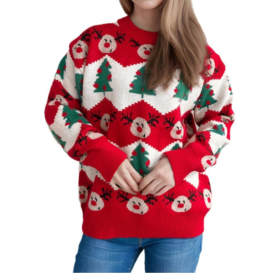 Damen Weihnachtspullover mit festlichem Rentier- und Weihnachtsbaum-Motiv R&B
