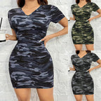 Damen figurbetontes Camouflage-Kleid mit V-Ausschnitt und elastischem Material R&B