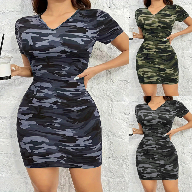 Damen figurbetontes Camouflage-Kleid mit V-Ausschnitt und elastischem Material R&B
