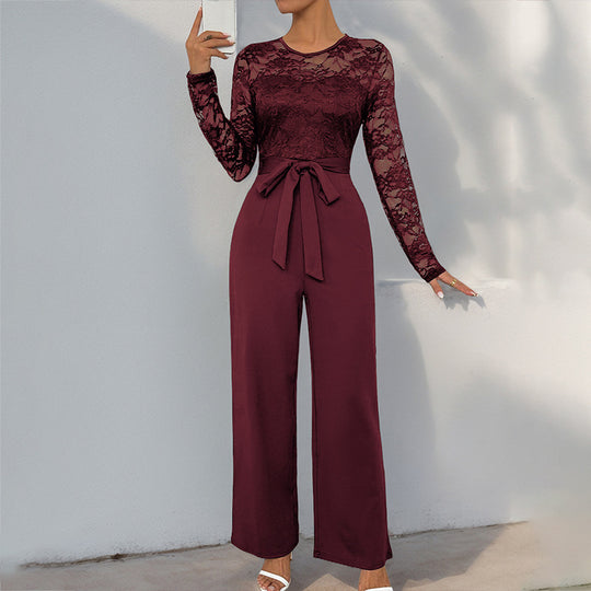 Damen Eleganter Jumpsuit mit Spitzenoberteil und tailliertem Bund R&B