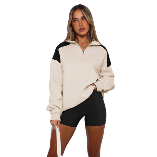 Damen lässiger Sweatshirt mit halbem Reißverschluss und kontrastierenden Ärmeln R&B