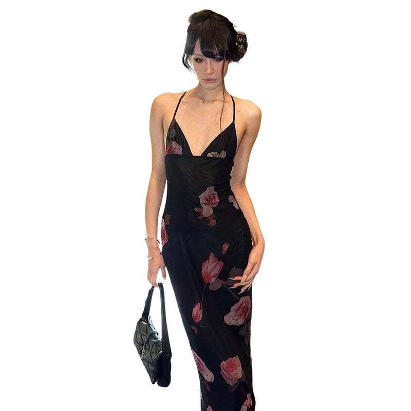 Damen Maxi Strandkleid mit floralem Mesh-Design und tiefem V-Ausschnitt R&B