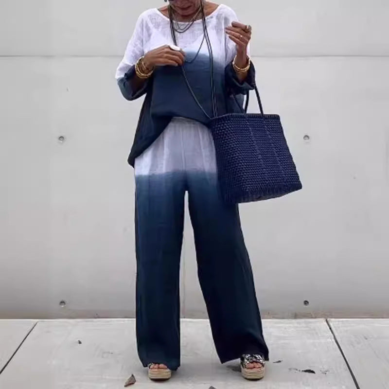 Damen lässiges Leinen-Outfit mit weiten Hosen und lockerer Bluse
