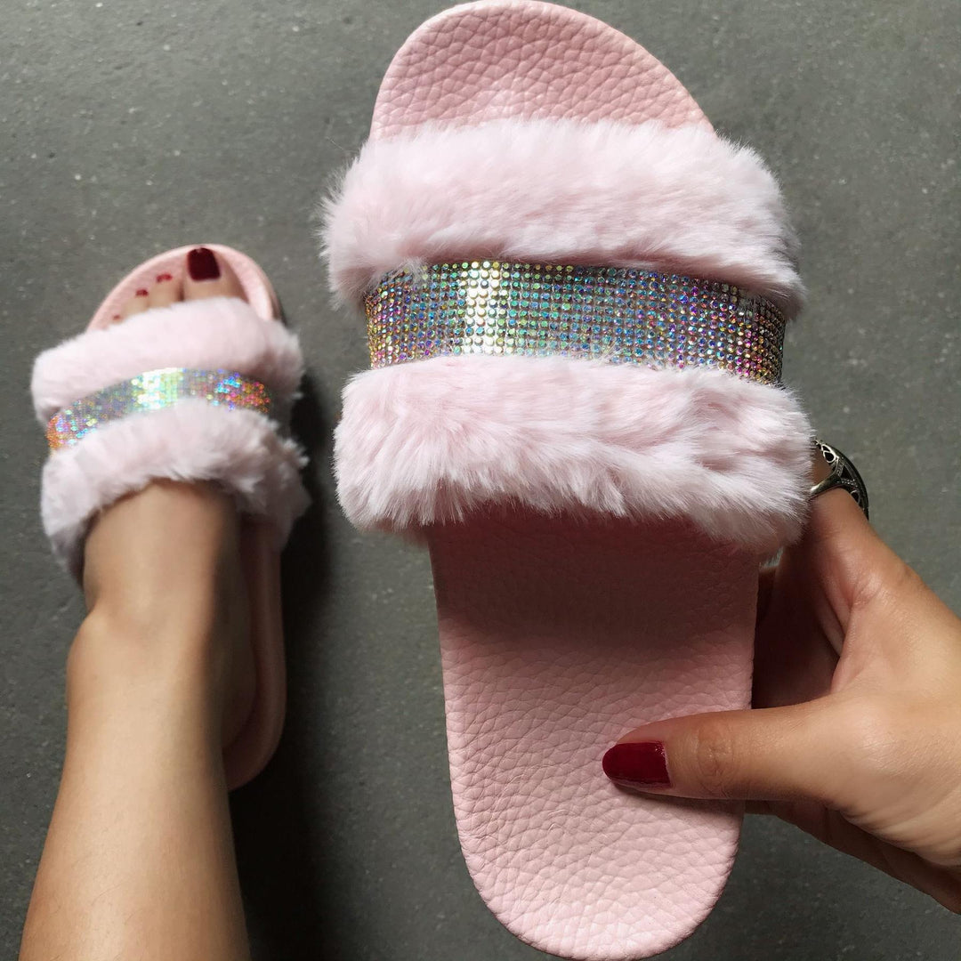 Damen Flauscher Slides mit Strass-Applikation R&B