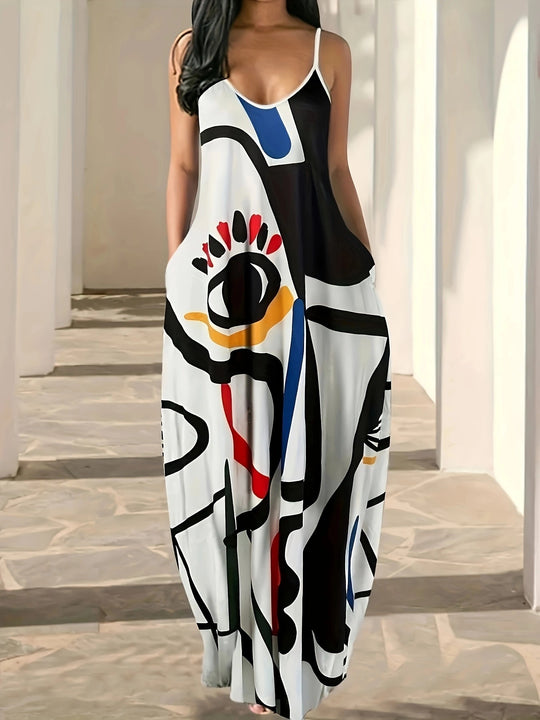 Damen Maxikleid mit modernem grafischen Print und schwingendem Saum R&B