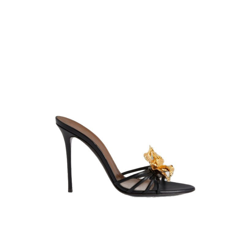 Damen elegante High Heel Sandalen mit zierlicher Blumenapplikation R&B