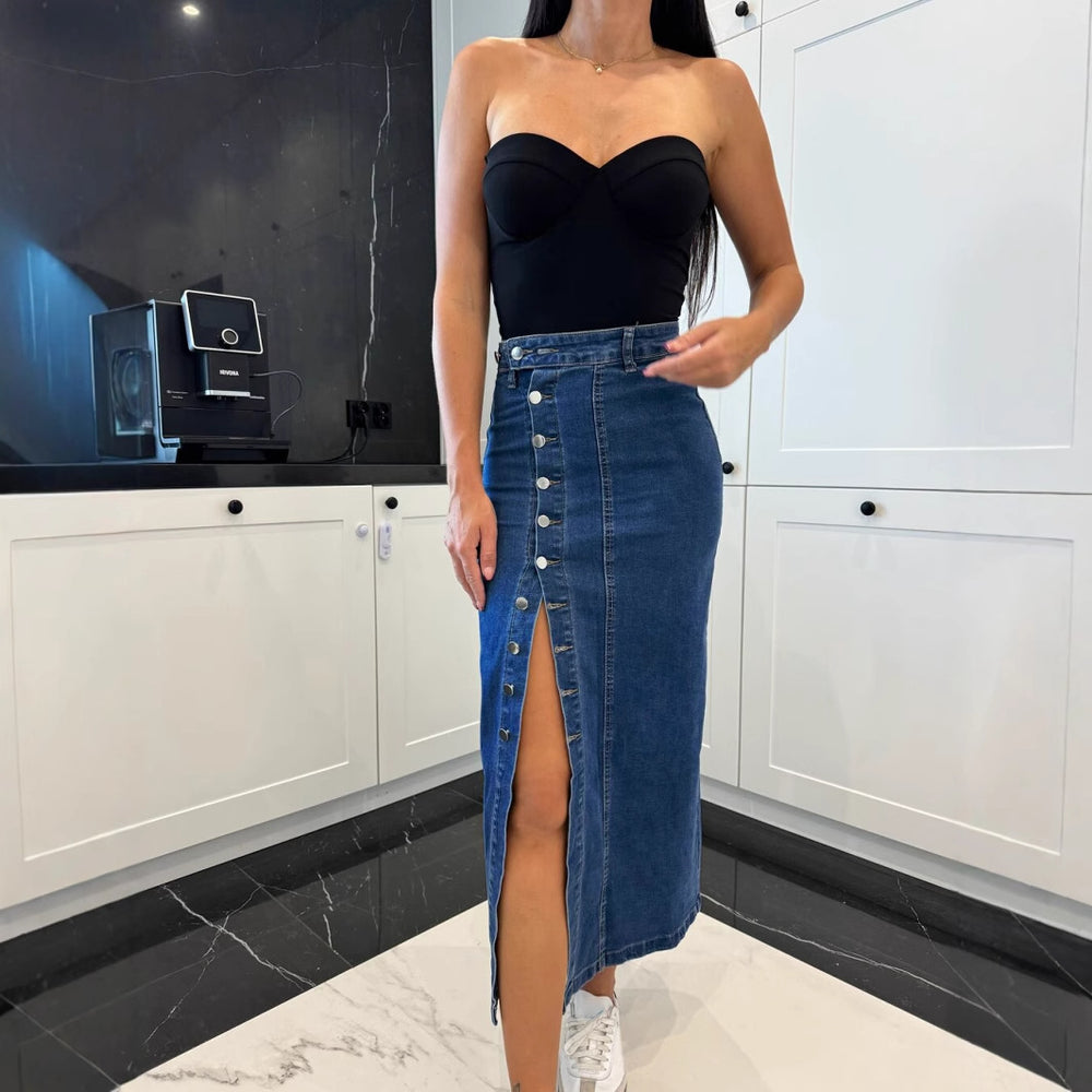 Damen Denim-Midirock mit seitlichem Schlitz und Knopfdetails R&B