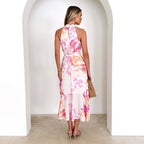 Damen Halterneck Maxikleid mit elegantem Rüschensaum R&B