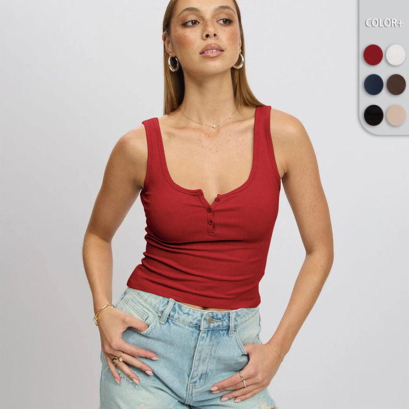 Damen körperbetontes Ripp-Top mit Knopfleiste und weitem Ausschnitt R&B