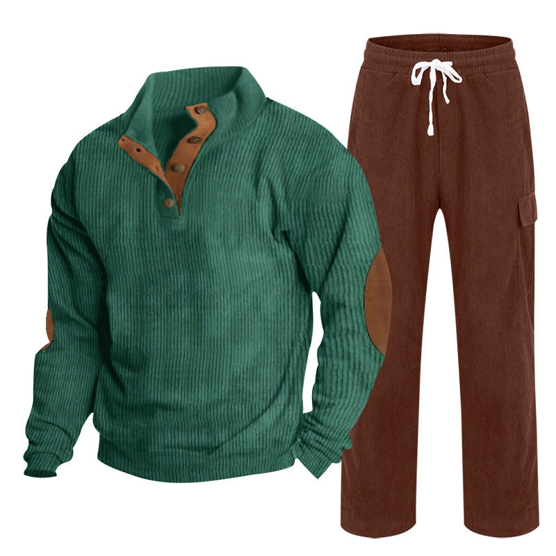Herren nan Strick-Freizeitset mit Knopfleiste und Ellenbogenaufnähern sowie Cord-Cargohose R&B