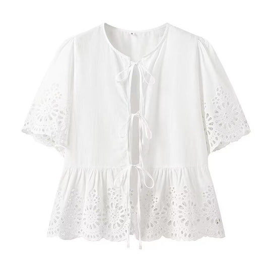 Damen Blusenshirt mit floralem Spitzenbesatz und Rüschendetails R&B