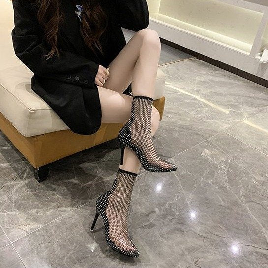 Damen spitze Netz High Heel Stiefeletten mit funkelnden Details R&B