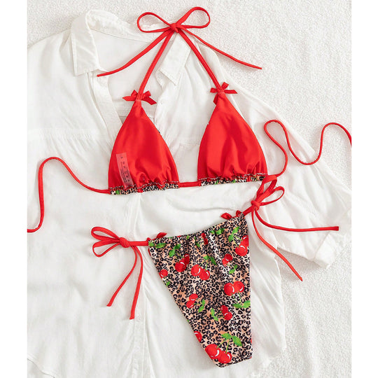 Damen Triangel-Bikini mit floralem Kirschmuster und verspielten Details R&B