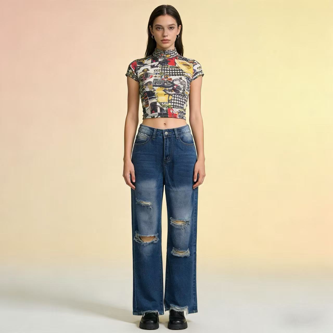 Damen Weite Ripped Jeans mit hohem Bund