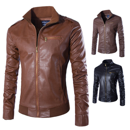 Herren modische Kunstlederjacke mit Reißverschluss und festem Kragen R&B