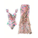 Damen Einteiler Badeanzug mit floralem Wickelrock R&B