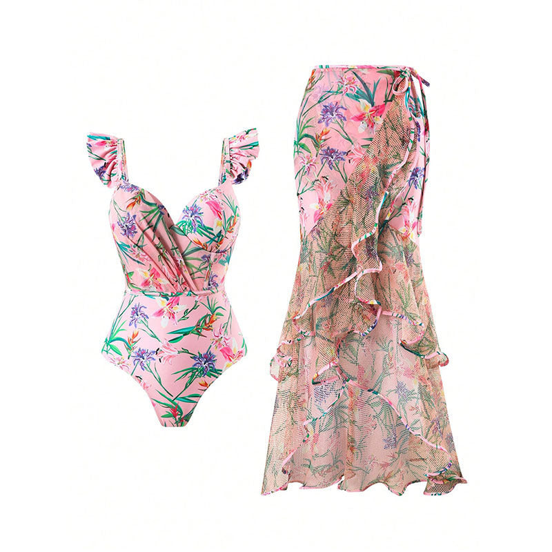Damen Einteiler Badeanzug mit floralem Wickelrock R&B