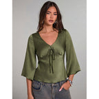 Damen Elegantes Oberteil mit Krawatte und weitem Ärmel R&B