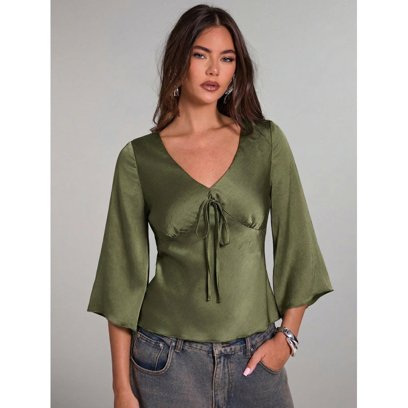 Damen Elegantes Oberteil mit Krawatte und weitem Ärmel R&B