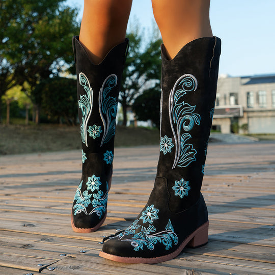 Damen Cowboy-Stiefel mit handgefertigten floralen Details und bequemem Blockabsatz R&B