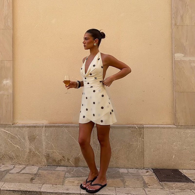 Damen verspieltes Polka-Dot Minikleid mit reinem Chiffon und raffiniertem Wickeldesign R&B