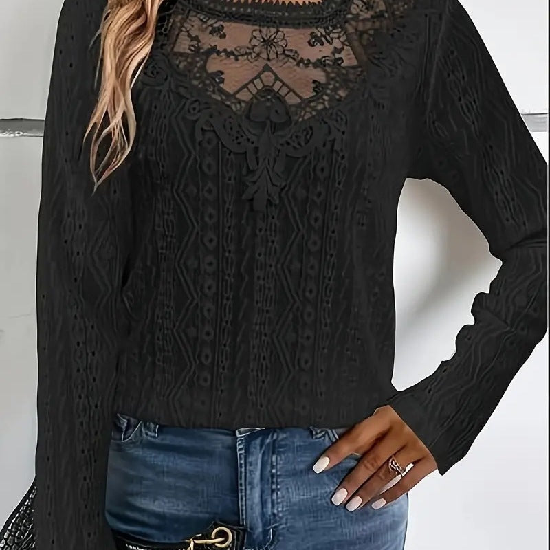 Damen elegante Bluse mit Spitzeneinsätzen und detailliertem Lochmuster R&B