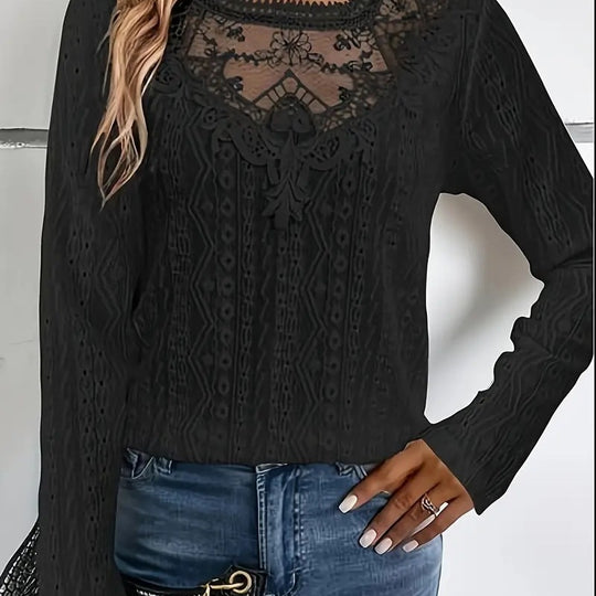 Damen elegante Bluse mit Spitzeneinsätzen und detailliertem Lochmuster R&B