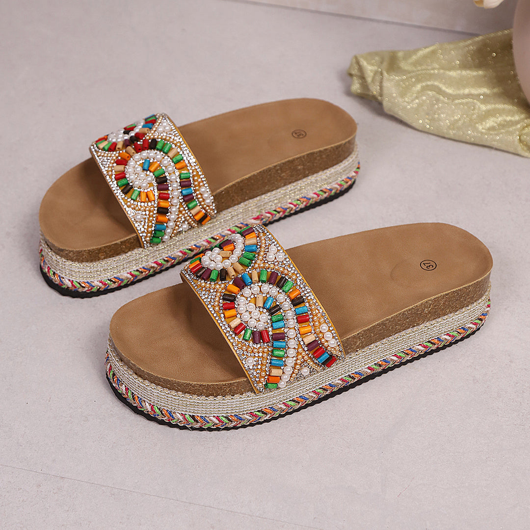 Damen Plateausandalen mit bunten Perlenverzierungen und komfortablem Fußbett R&B