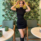 Damen Figurbetontes Kurzarmkleid mit Stehkragen und Raffung R&B