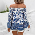Damen Off-Shoulder Bluse mit floralen Stickereien und elastischem Bund R&B