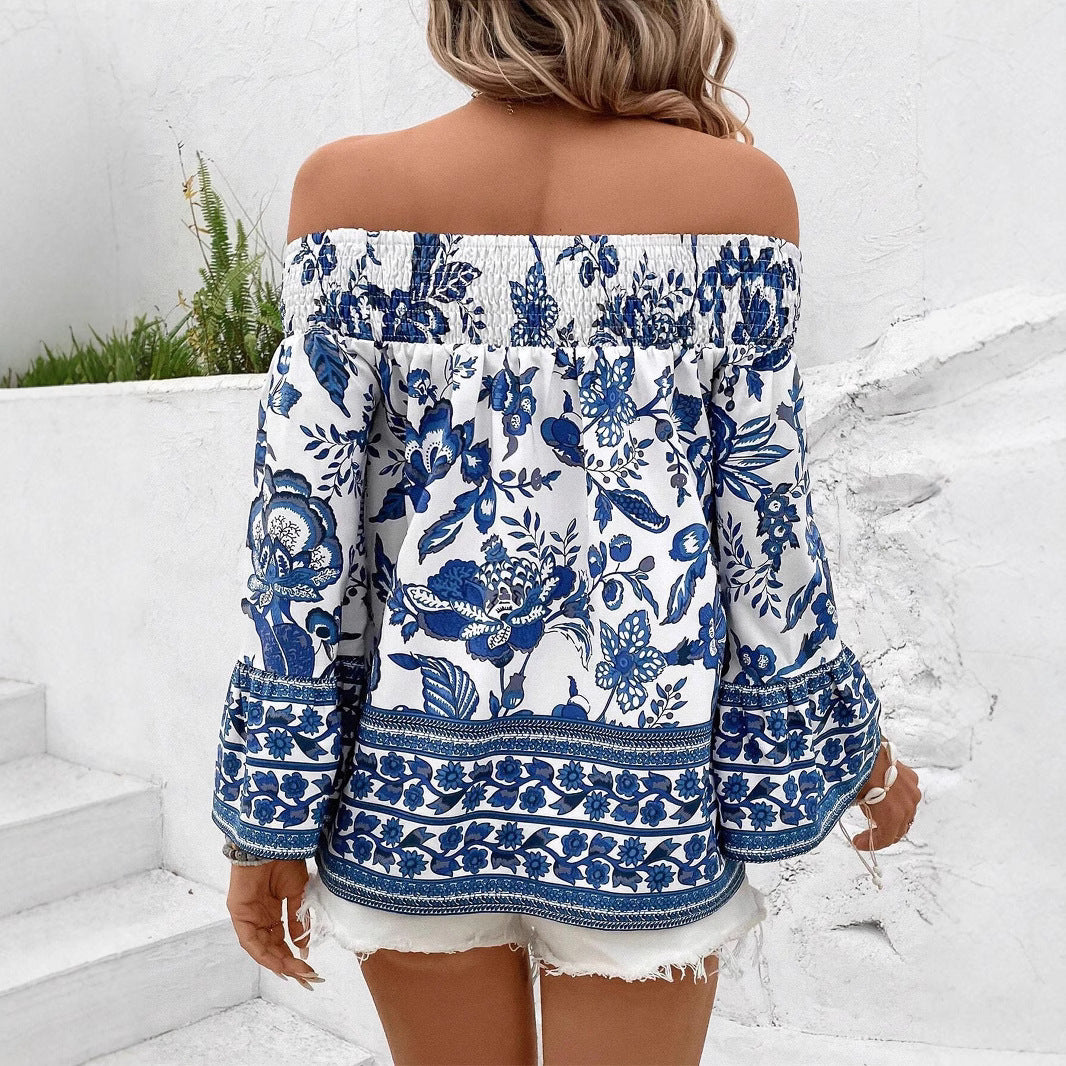 Damen Off-Shoulder Bluse mit floralen Stickereien und elastischem Bund R&B